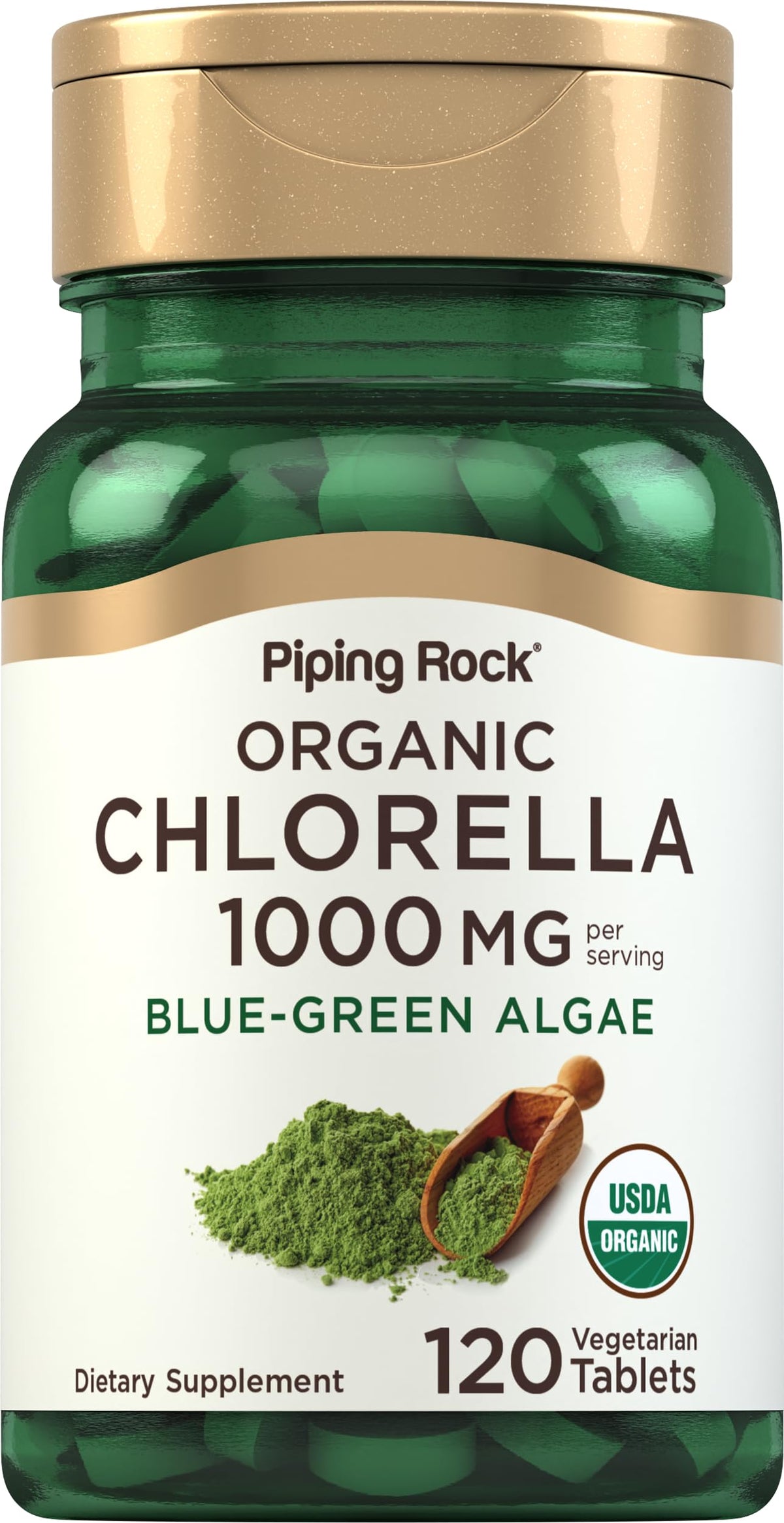 Piping Rock Chlorella bottle-front view for convenient daily green supplement.