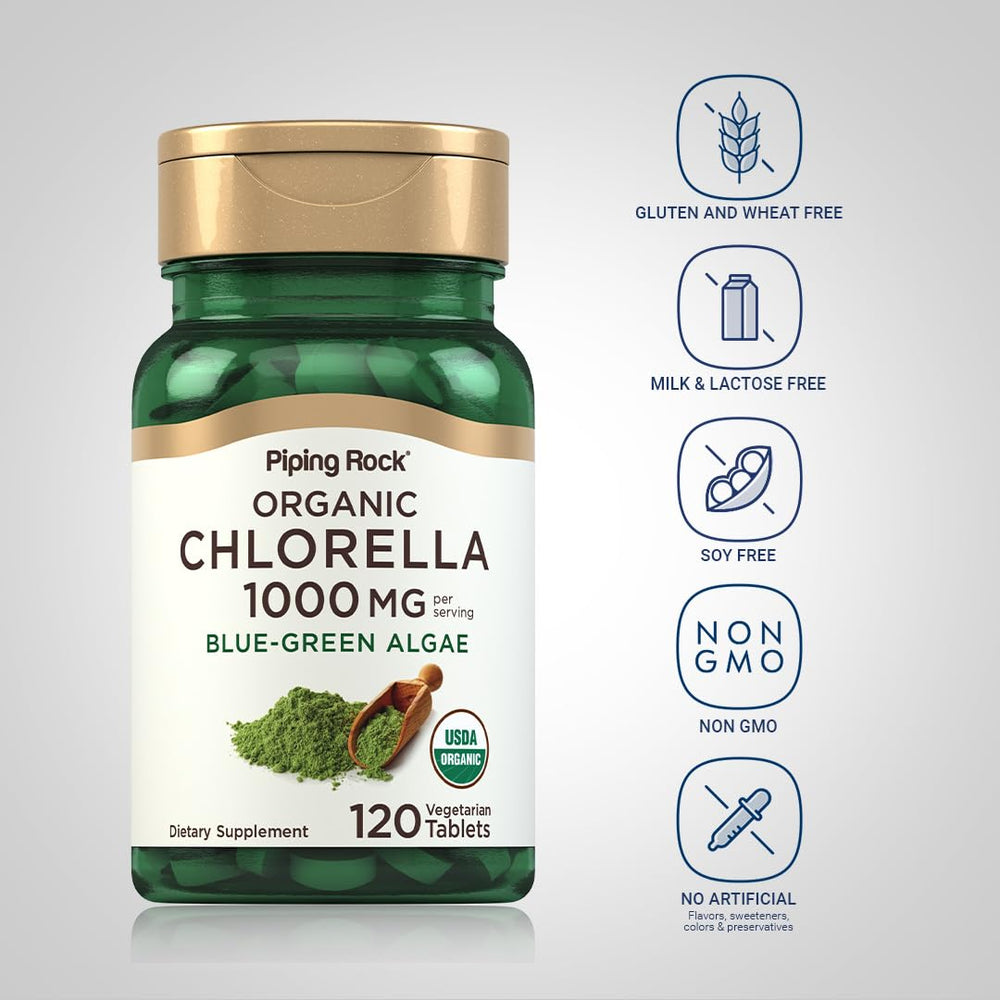 Piping Rock Chlorella bottle label close-up indicates organic high-purity ingredients.