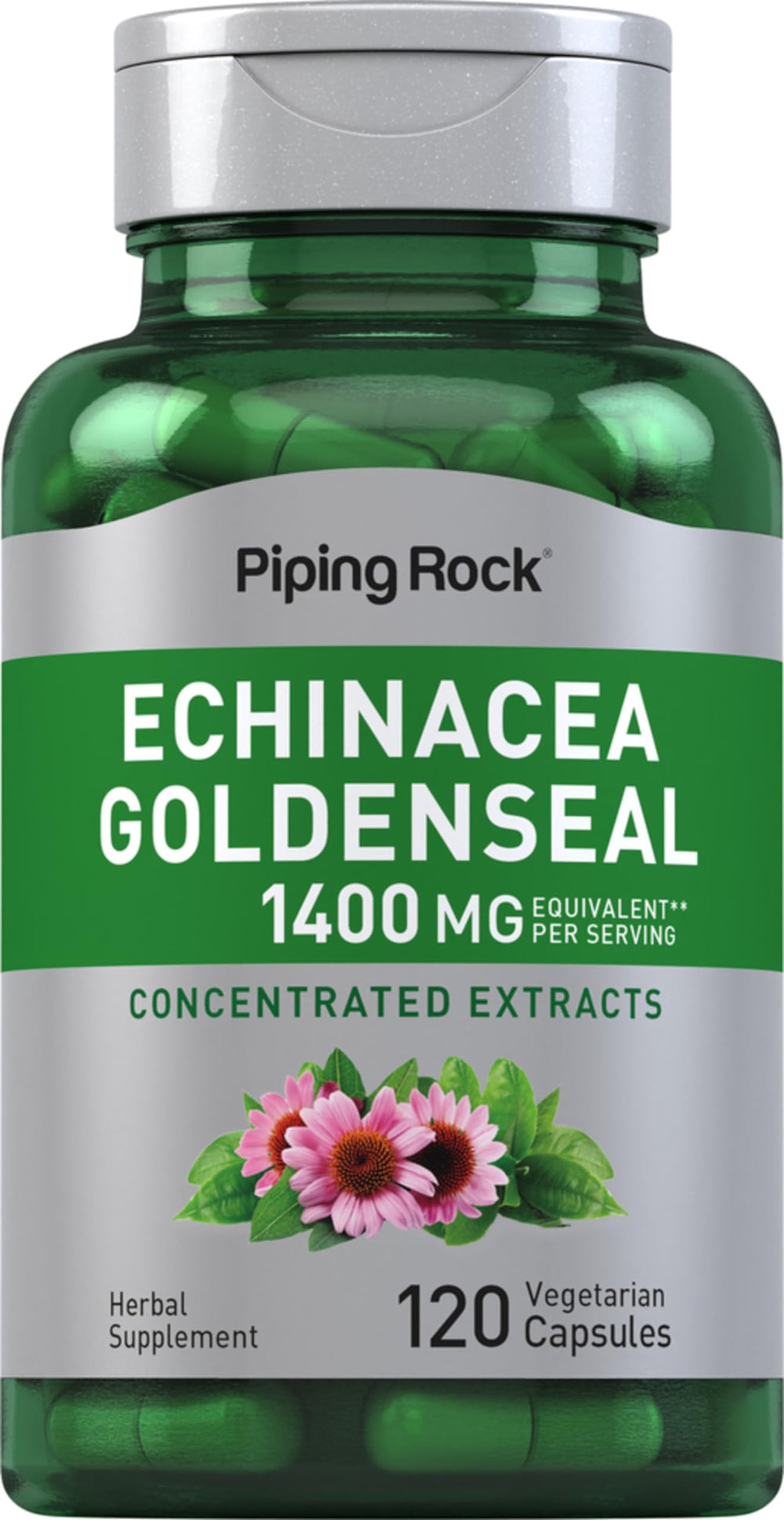 Piping Rock Echinacea Goldenseal capsules bottle for daily wellness exploration.