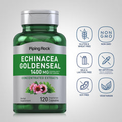 Piping Rock Echinacea Goldenseal label highlights non-GMO and gluten-free features.