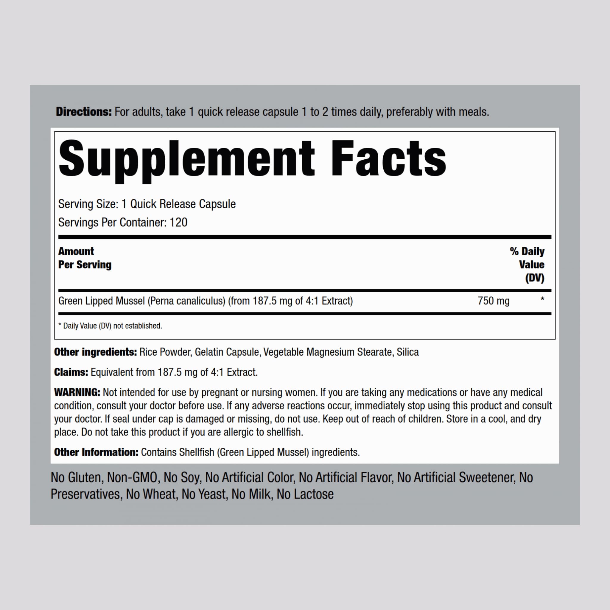 Piping Rock Green Lipped Mussel bottle label closeup showing non-GMO and gluten-free features.