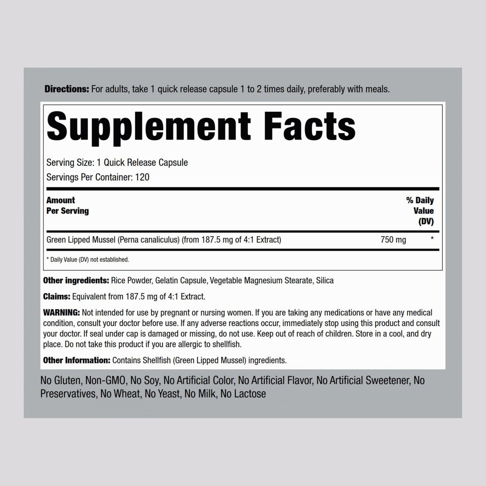 Piping Rock Green Lipped Mussel bottle label closeup showing non-GMO and gluten-free features.