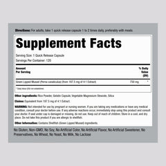 Piping Rock Green Lipped Mussel bottle label closeup showing non-GMO and gluten-free features.