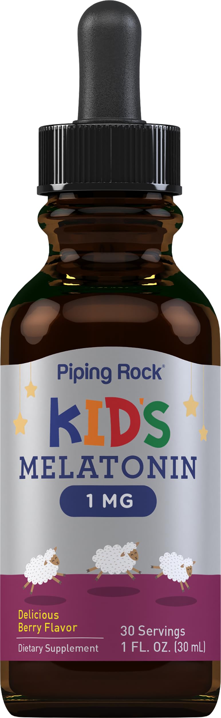 Piping Rock Melatonin Liquid Berry flavor close-up highlighting dropper cap