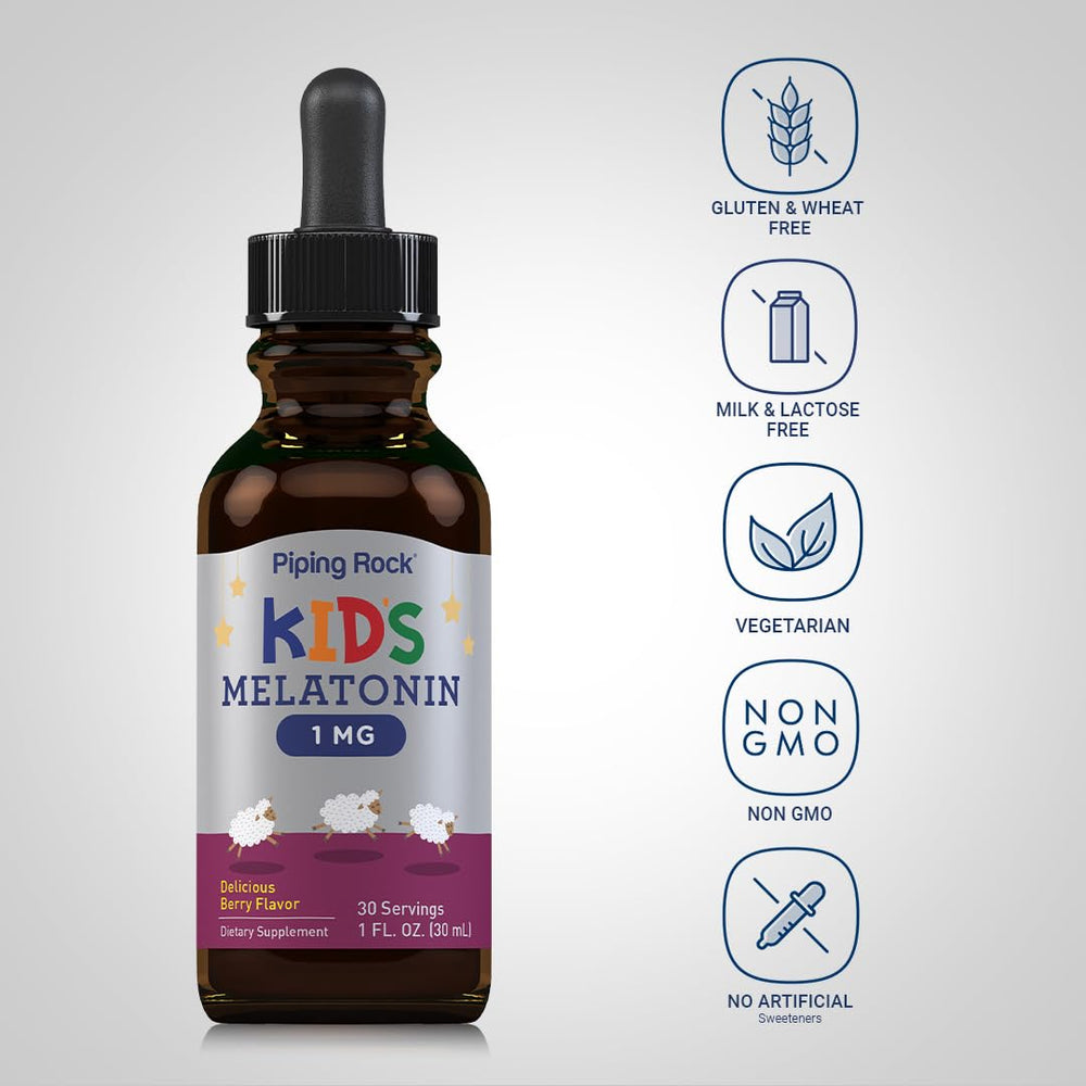 Piping Rock Kids Melatonin Liquid labeled bottle showing non-GMO gluten-free badge