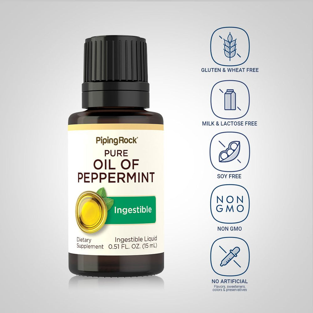 Piping Rock Peppermint Oil label close-up highlighting pure ingredients.
