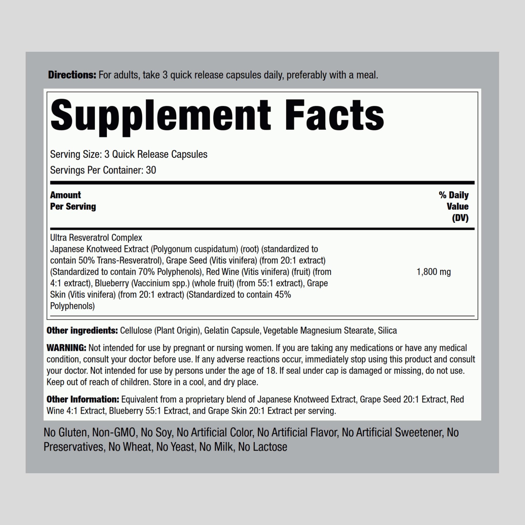 Piping Rock Resveratrol Complex bottle back displays Non-GMO Gluten Free labeling