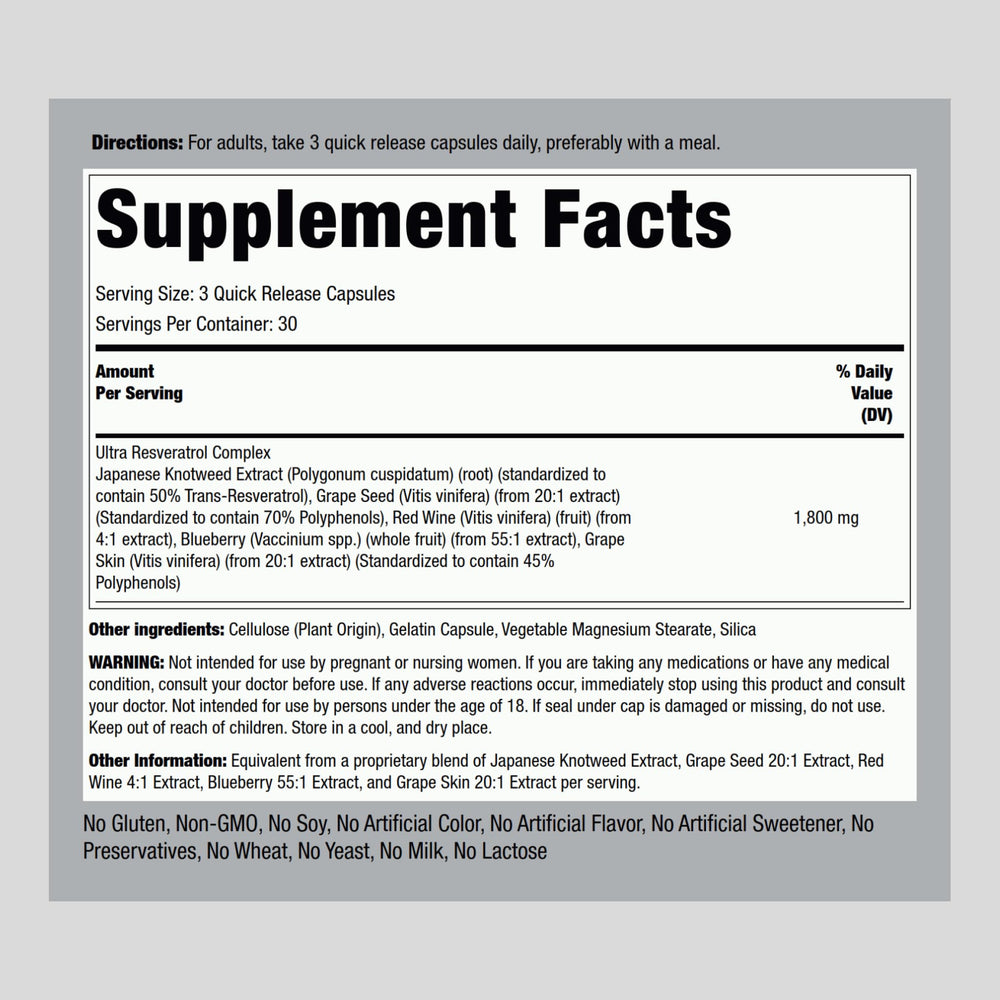 Piping Rock Resveratrol Complex bottle back displays Non-GMO Gluten Free labeling