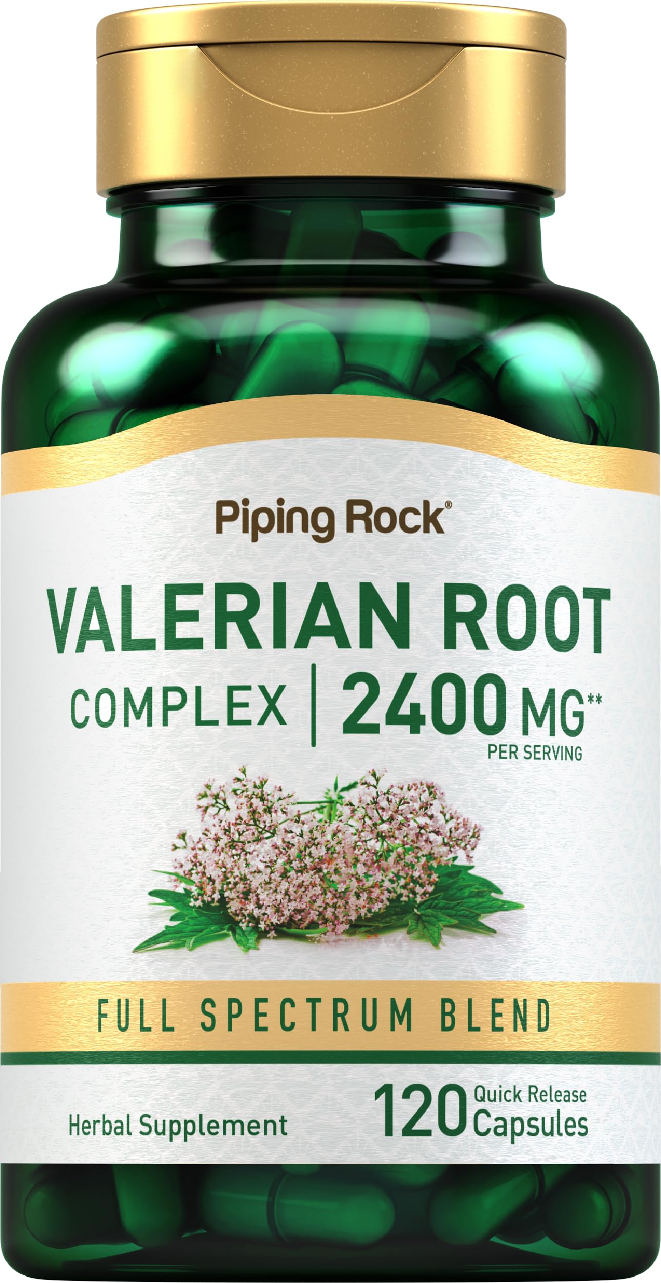 Piping Rock Valerian Root Capsules bottle close-up, easy-to-swallow capsules for a simple evening routine.