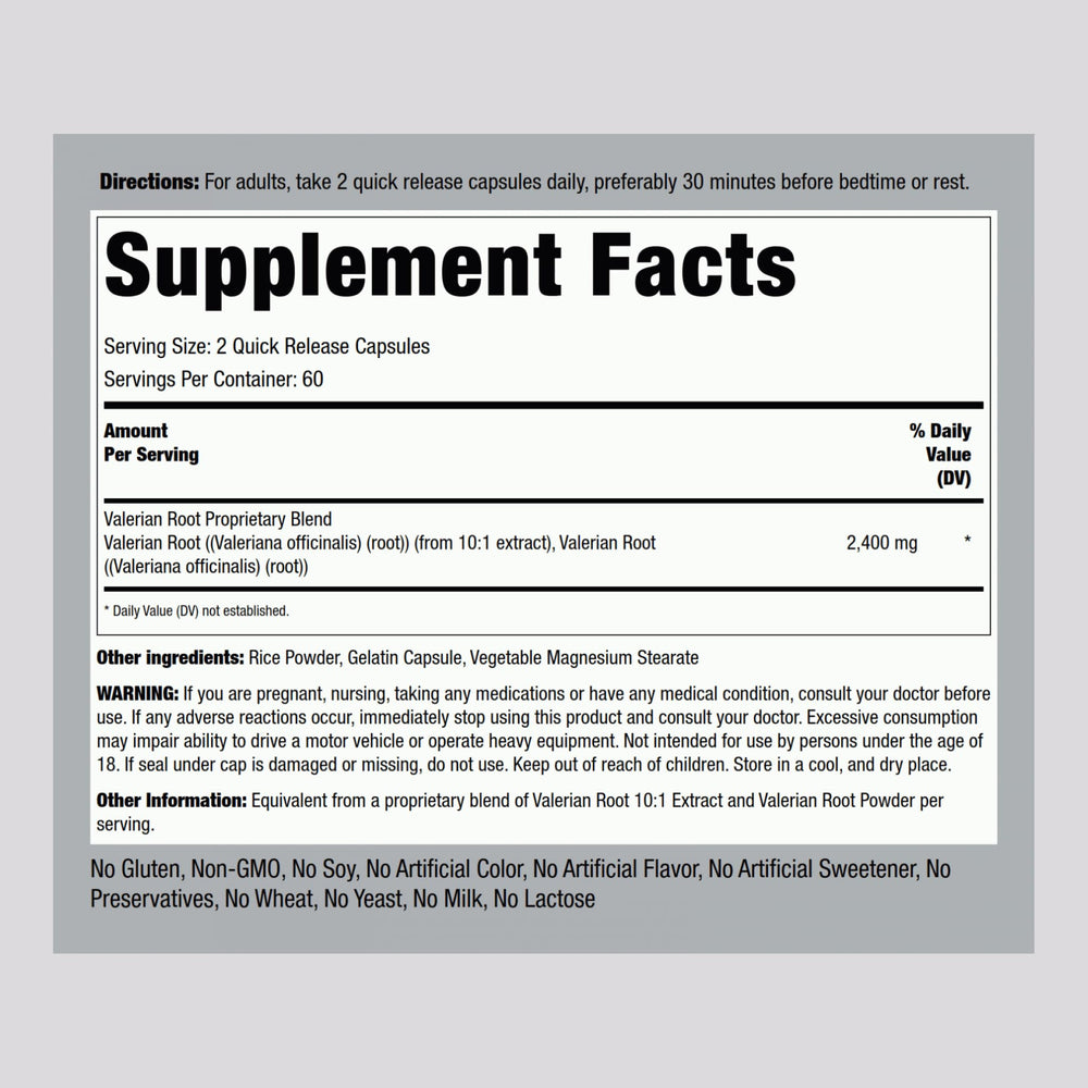 Piping Rock Valerian Root Capsules ingredient panel highlighting traditional herbal blend.