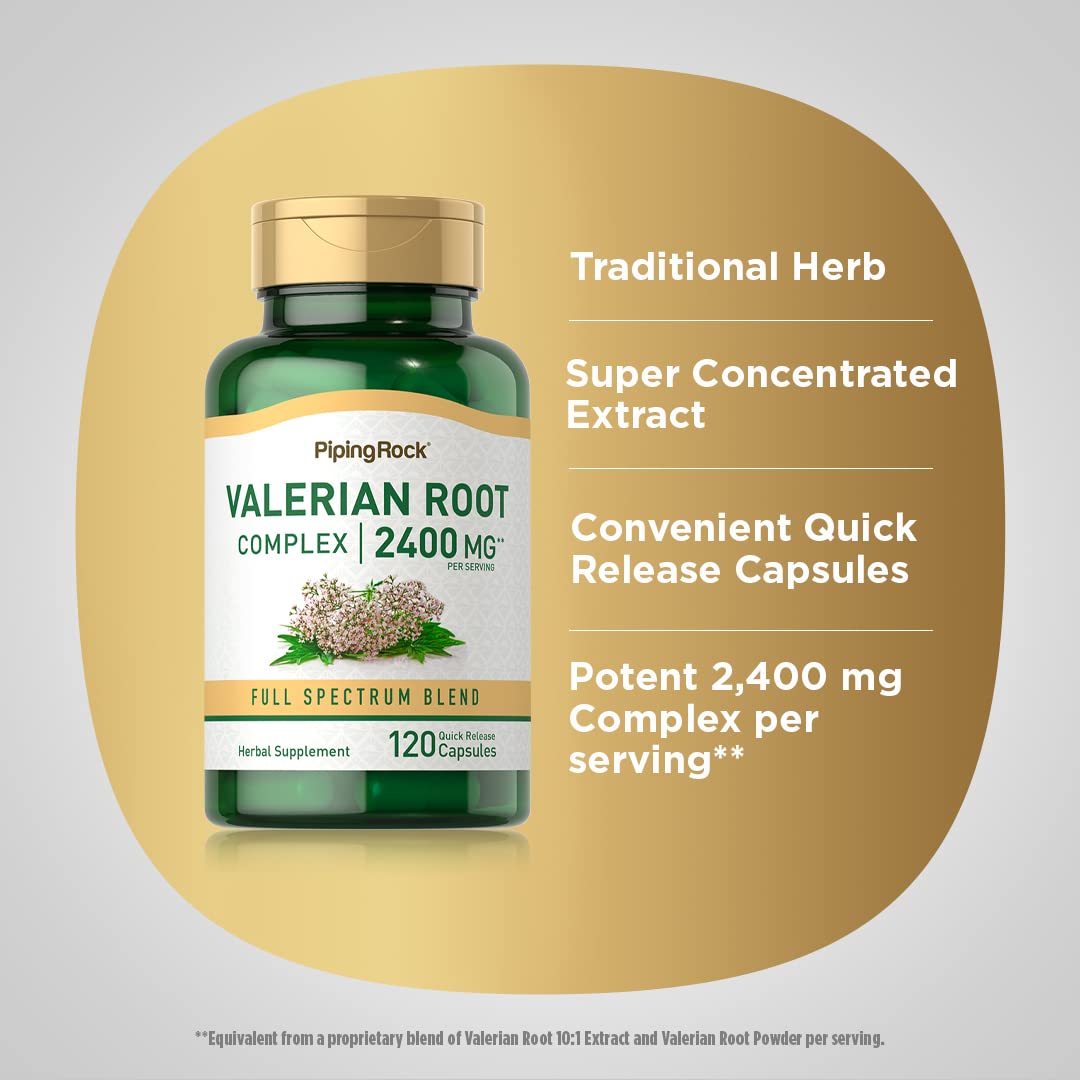 Piping Rock Valerian Root Capsules label close-up conveying extract quality and identity.