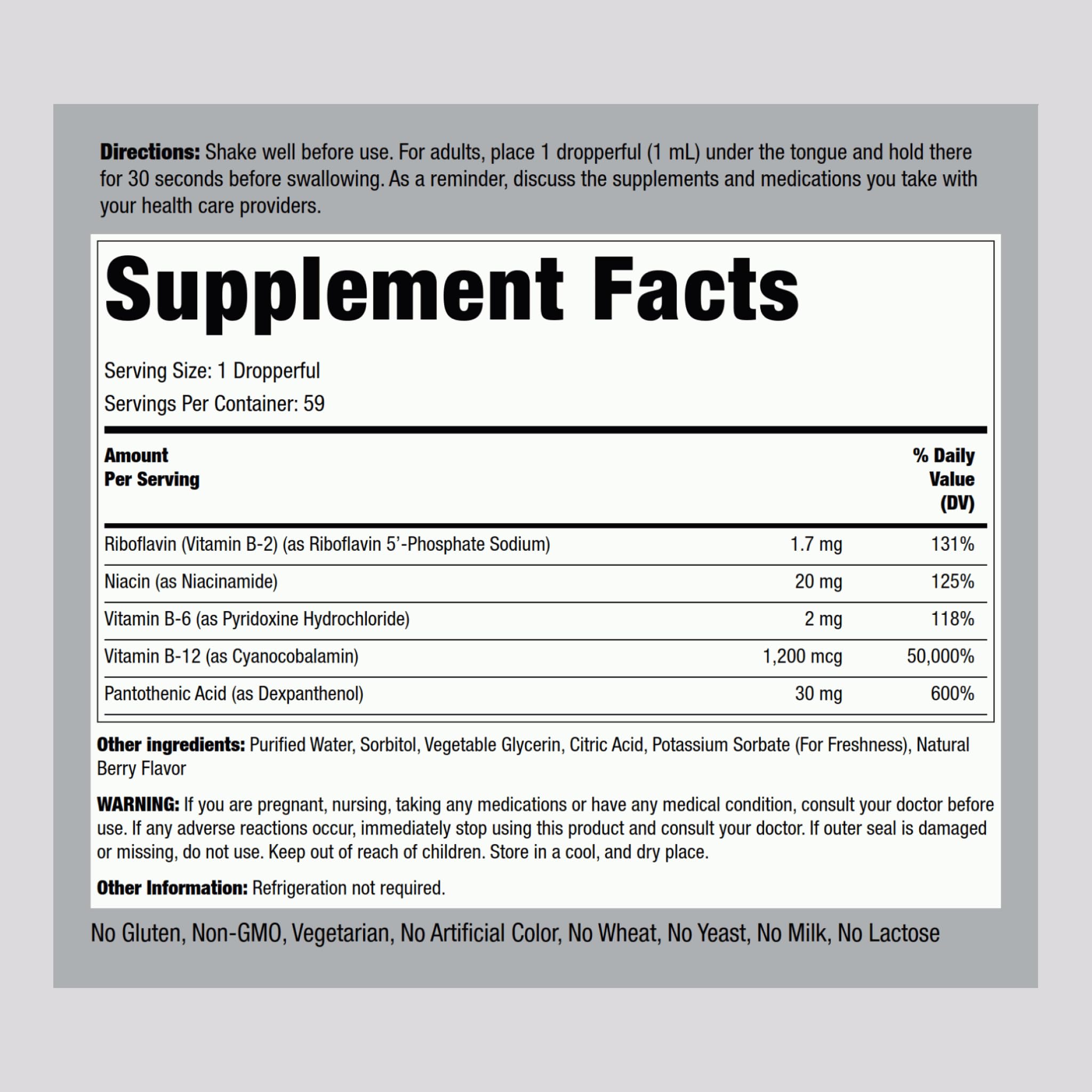 Piping Rock B Complex berry label close-up highlighting flavor and ingredients.