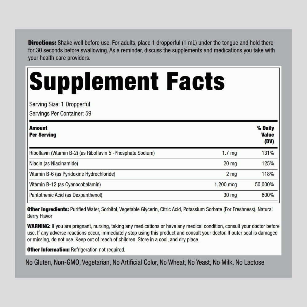 Piping Rock B Complex berry label close-up highlighting flavor and ingredients.