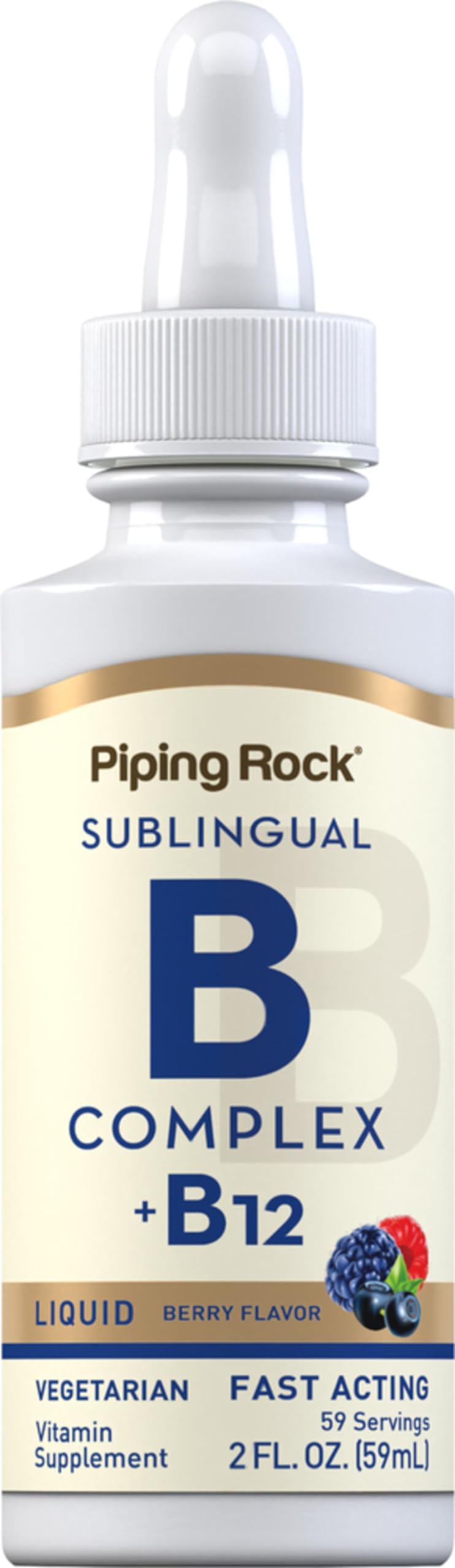 Piping Rock Vitamin B Complex B12 bottle with calibrated dropper for precise dosing.