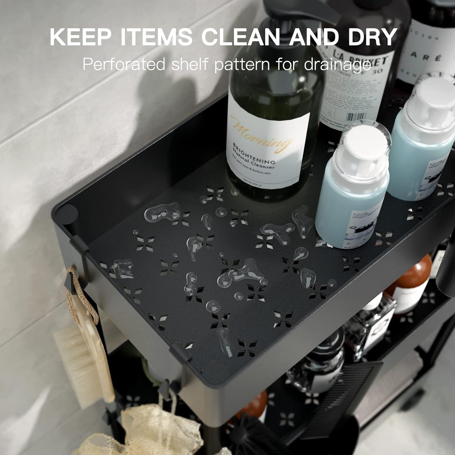 Pipishell cart in laundry or bathroom storing toiletries and towels keeps essentials within reach.