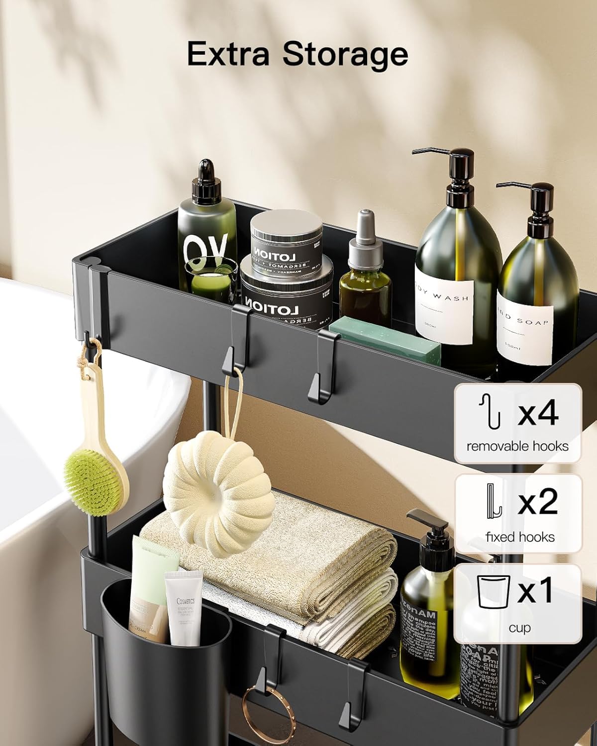 Pipishell cart with cups hooks facilitates quick access in bathrooms or kitchens.