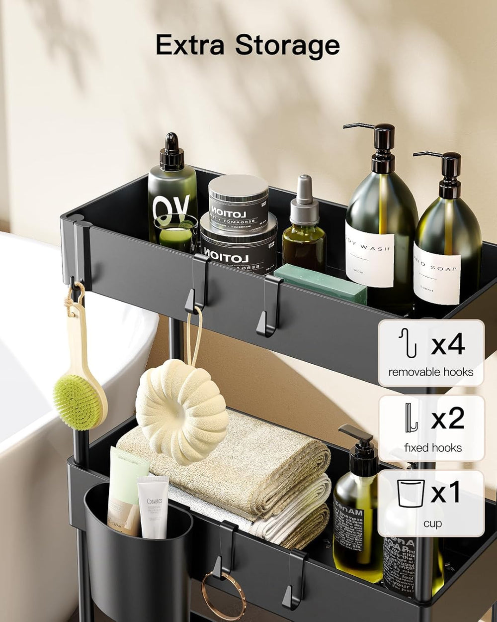 Pipishell cart with cups hooks facilitates quick access in bathrooms or kitchens.