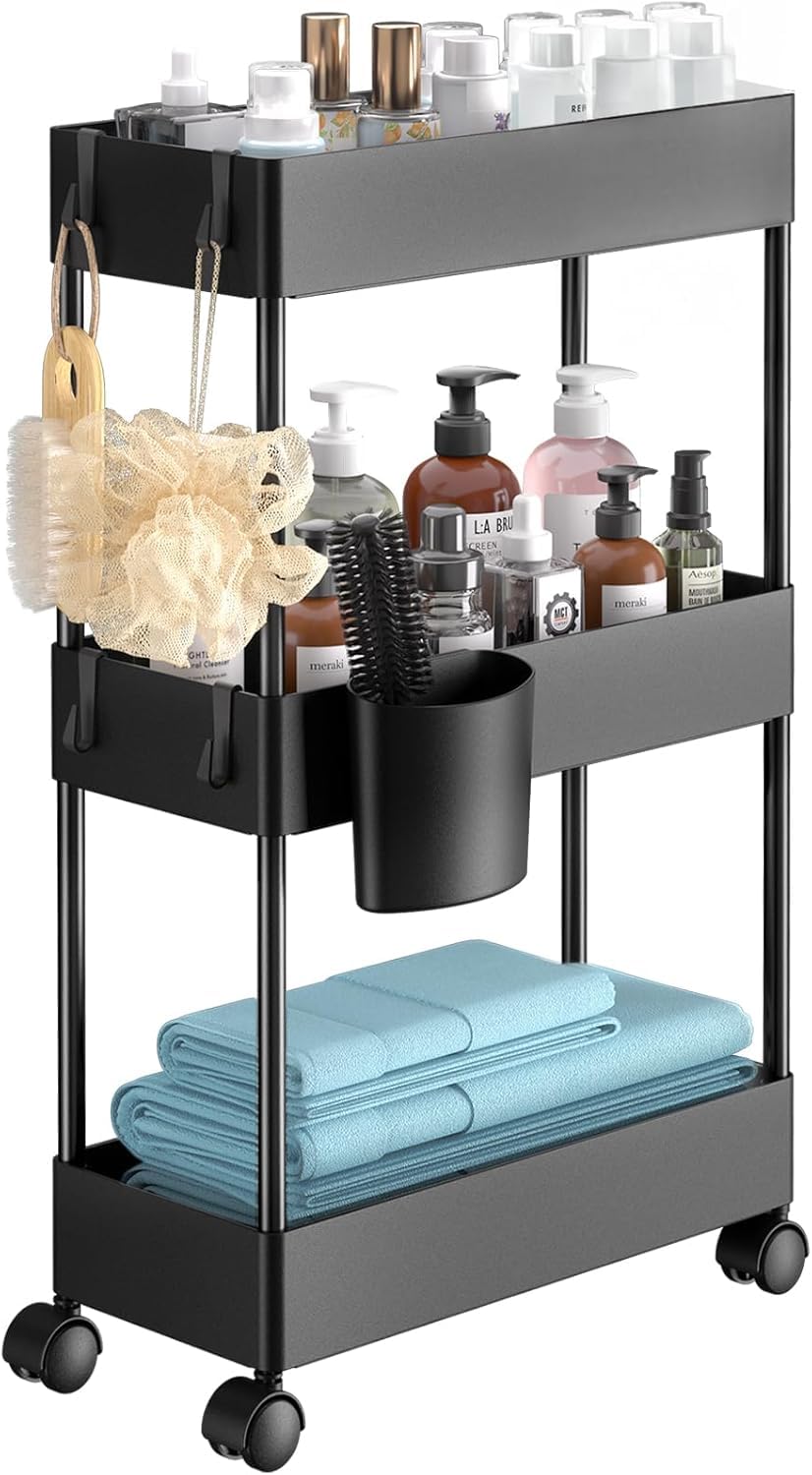 Pipishell slim storage cart wheels side view for compact bathroom organization and easy access.
