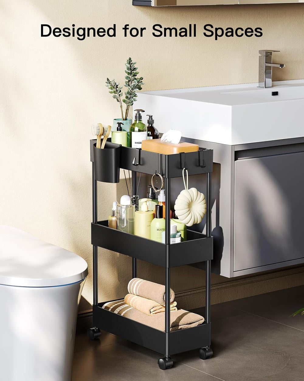 Pipishell slim storage cart under sink fits neatly in tight kitchen corners.
