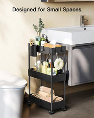 Pipishell slim storage cart under sink fits neatly in tight kitchen corners.