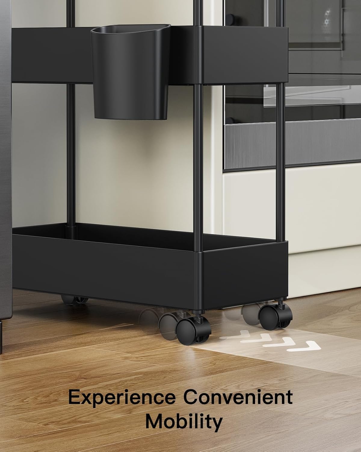 Pipishell cart's smooth caster wheels roll quietly across tile and linoleum.