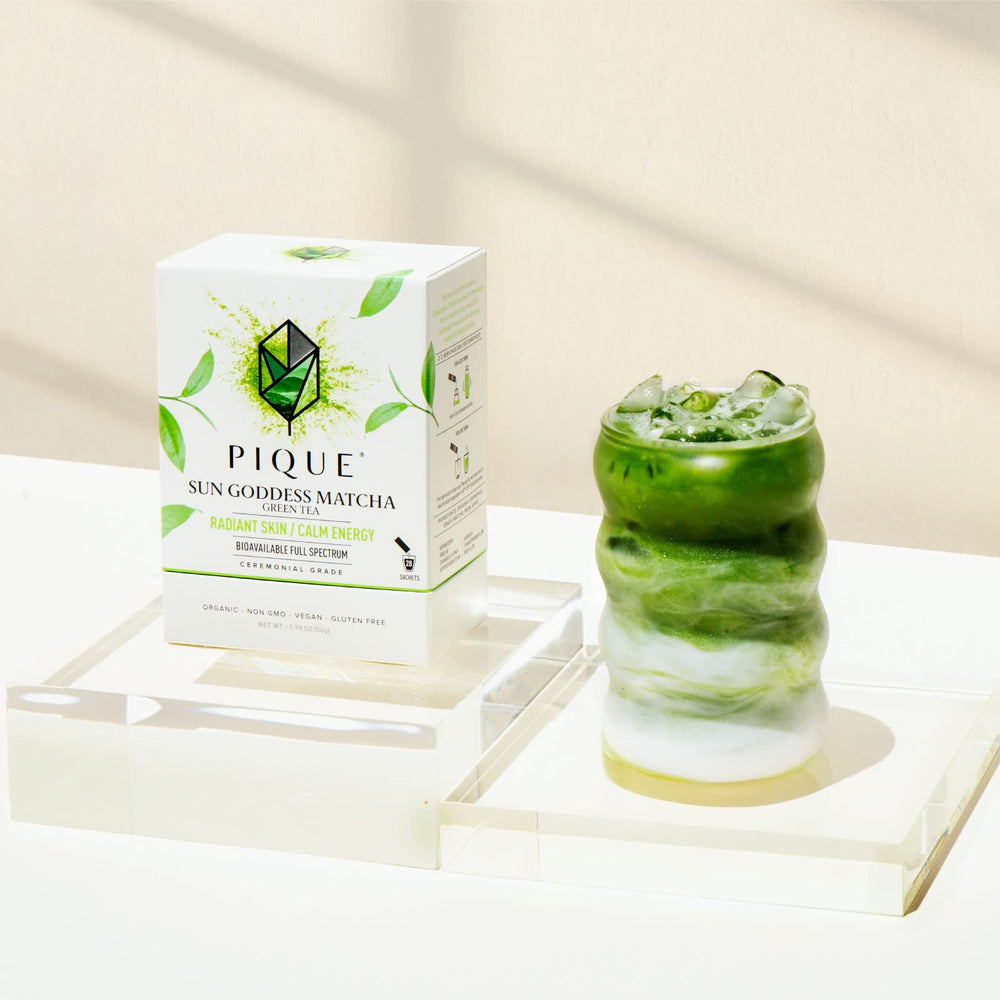 PIQUE Sun Goddess Matcha rich in L-theanine amino acids for balanced focus