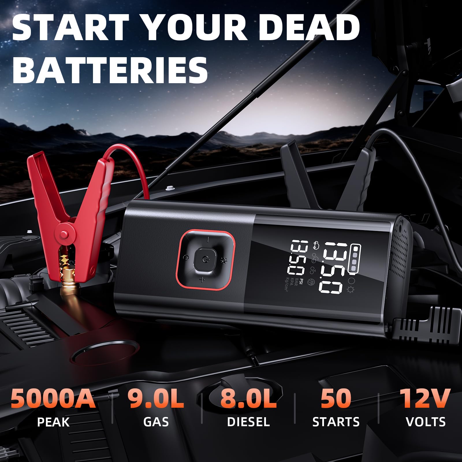 PIRAIL Jump Starter digital display shows pressure units for precise inflation.