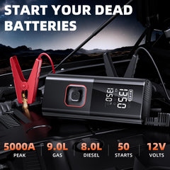 PIRAIL Jump Starter digital display shows pressure units for precise inflation.