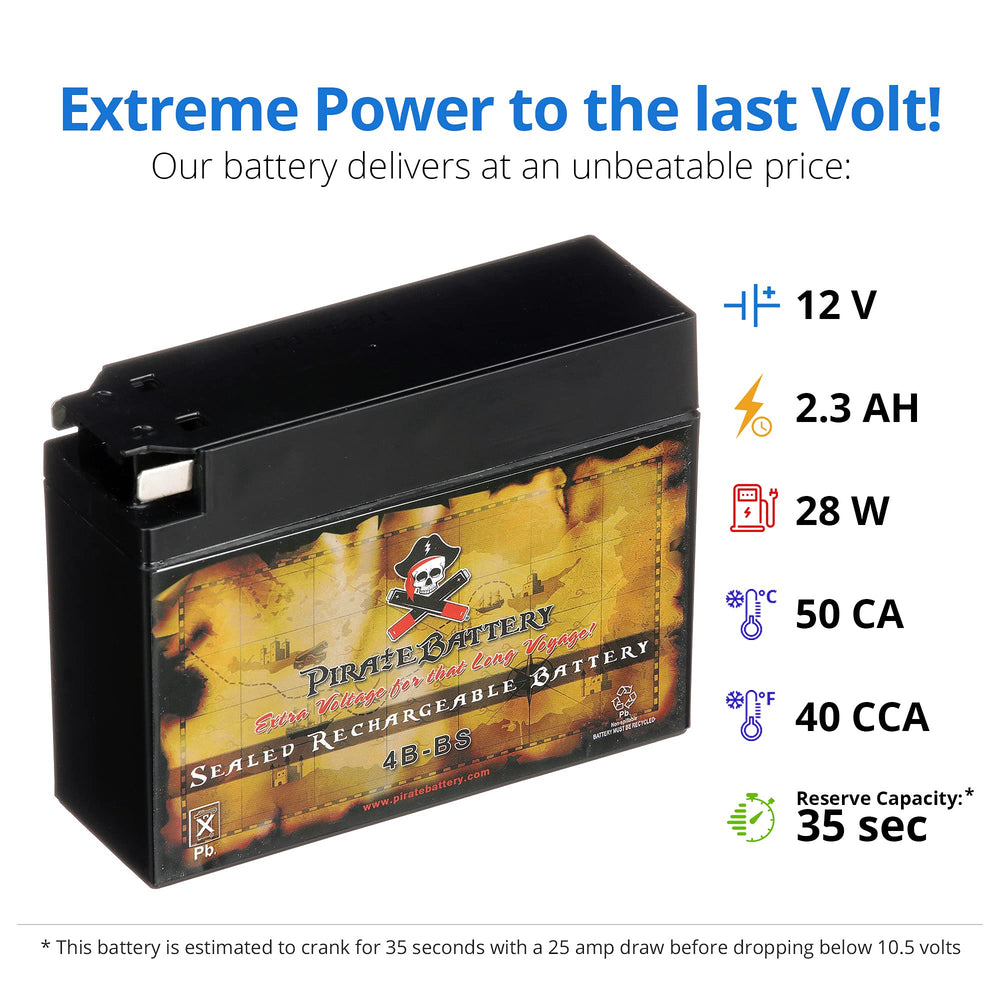 Compact dimensions of Pirate Battery YTX4B-BS 12V battery 4.45x1.54x3.43 inches