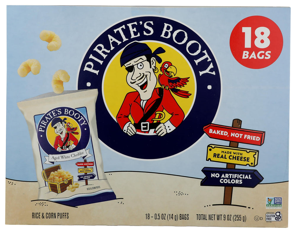 Pirate Brands aged white cheddar rice corn puffs 18pk front pack, easy snacking
