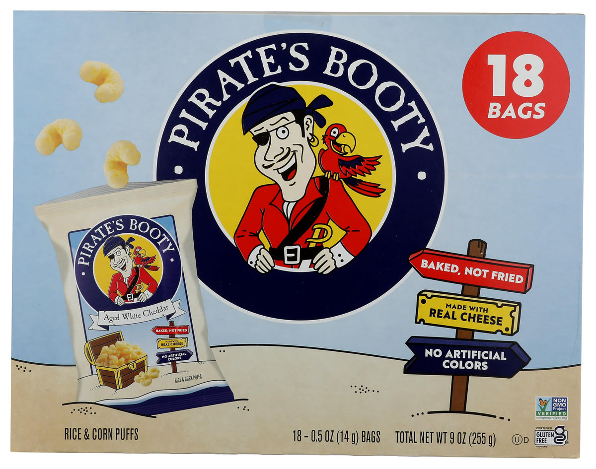 Pirate Brands aged white cheddar rice corn puffs 18pk front pack, easy snacking