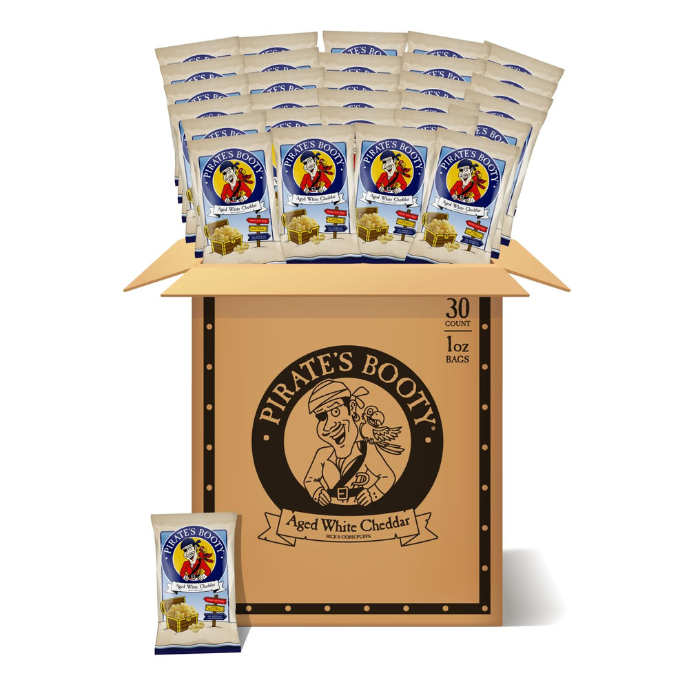 Pirate's Booty aged white cheddar puffs 30ct bag offer a kid-friendly school snack.