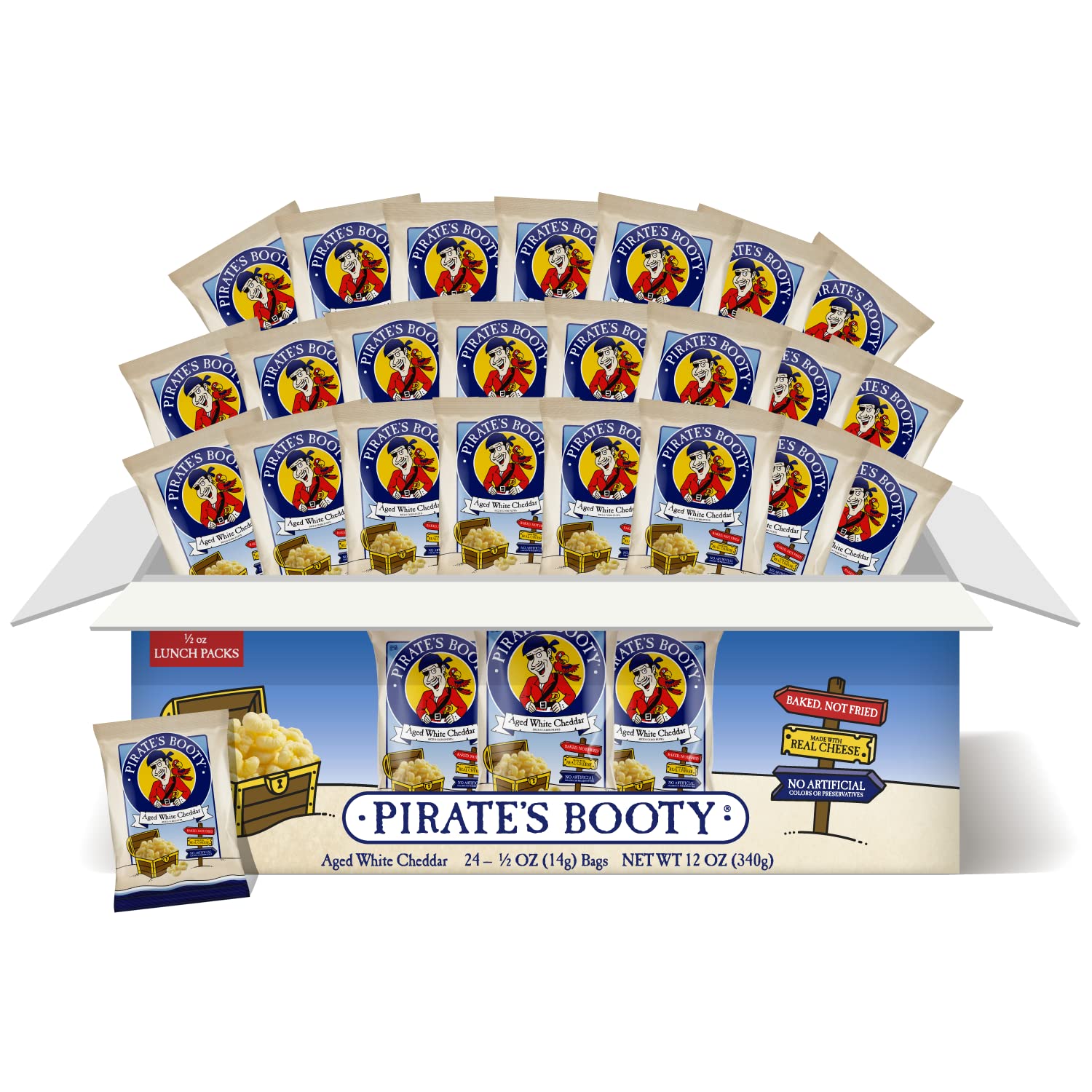 Pirate's Booty aged white cheddar puffs package front view, gluten-free snack for kids.