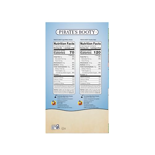 Pirate's Booty cheddar blast bag highlights bold flavor variety for kids.