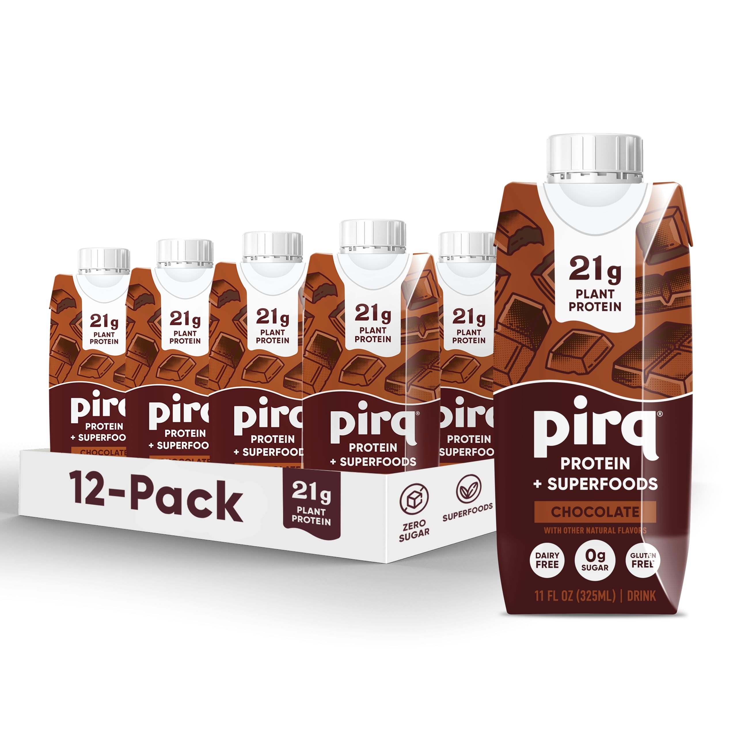 Pirq 21g dairy-free protein shake poured for quick on-the-go chocolate snack