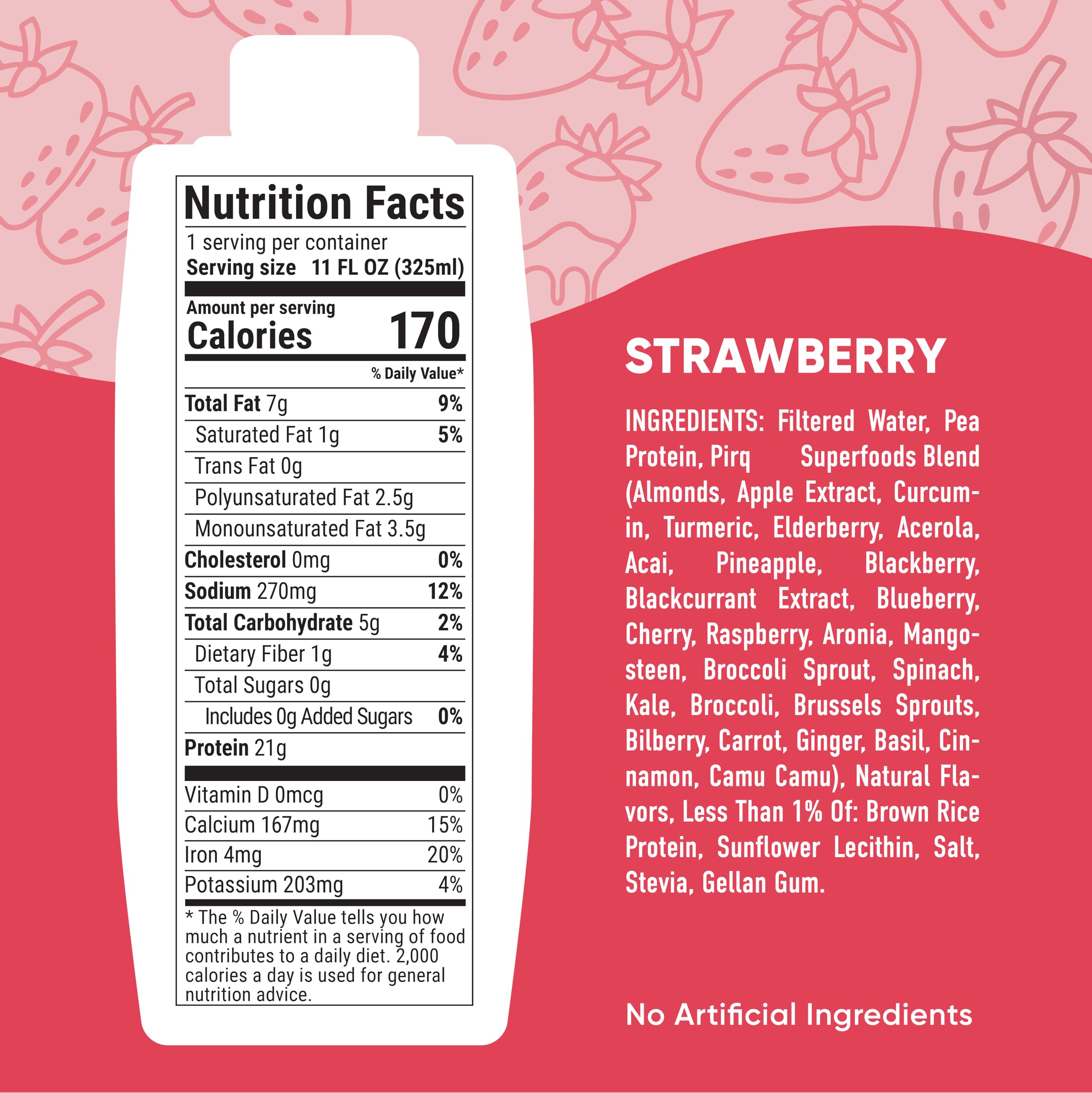 Pirq strawberry protein shake bottle with 12-pack, convenient dairy-free protein option.