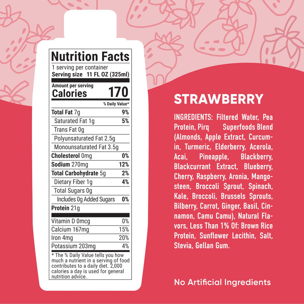 Pirq strawberry protein shake bottle with 12-pack, convenient dairy-free protein option.