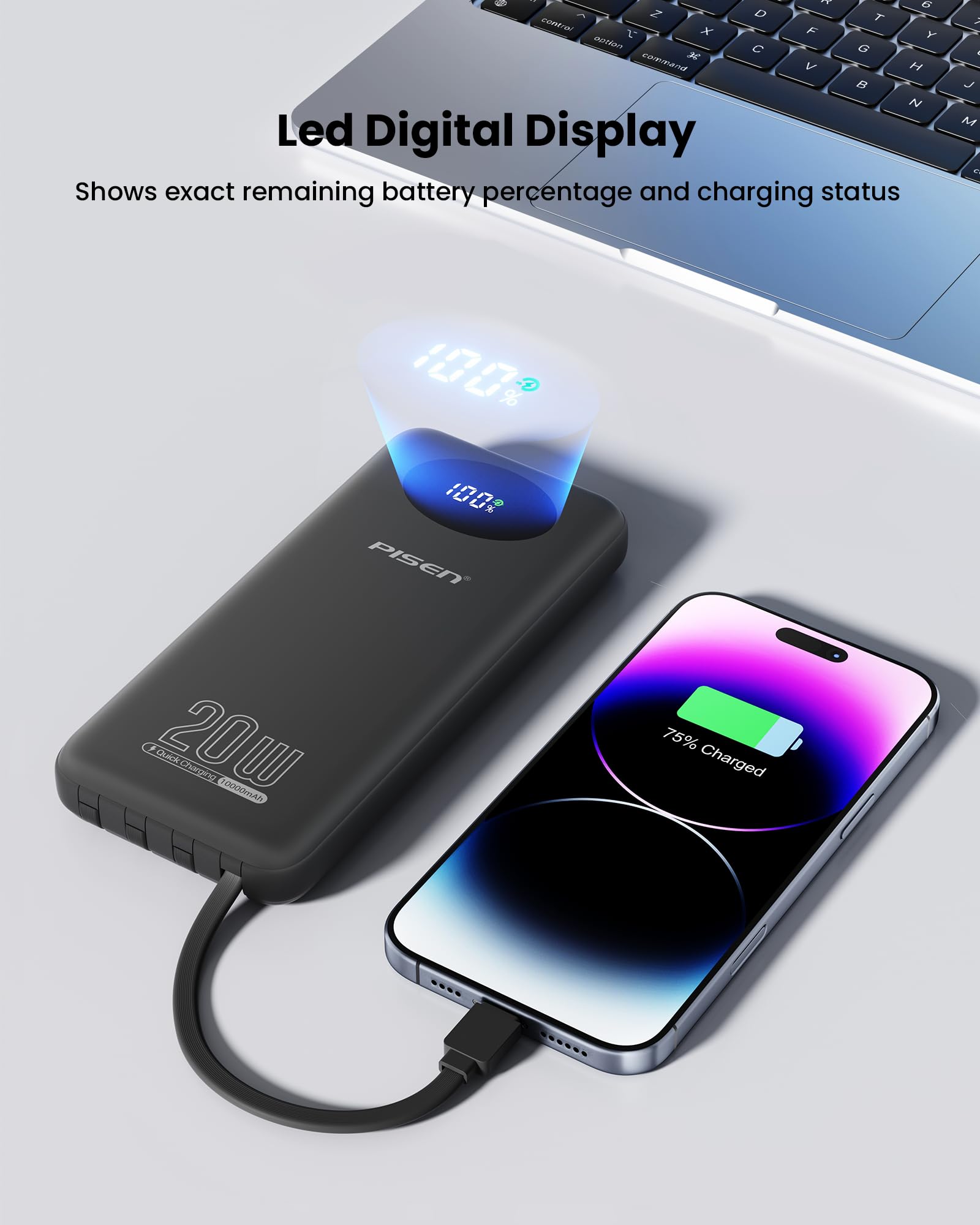 PISEN 20W fast charging powers devices quickly on the go.