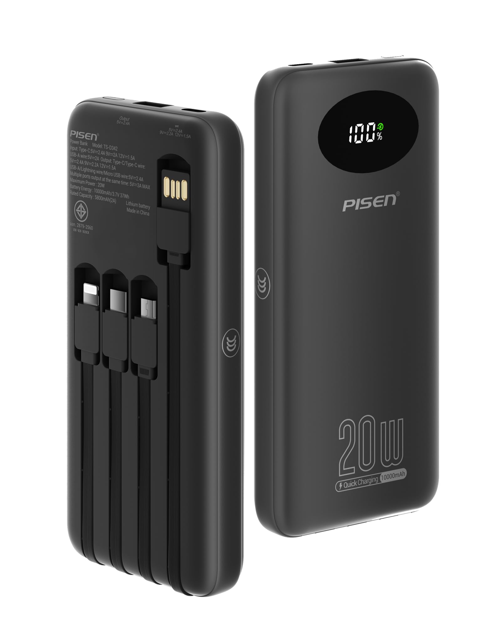 PISEN 3C-certified power bank with 10000mAh capacity for daily charging.