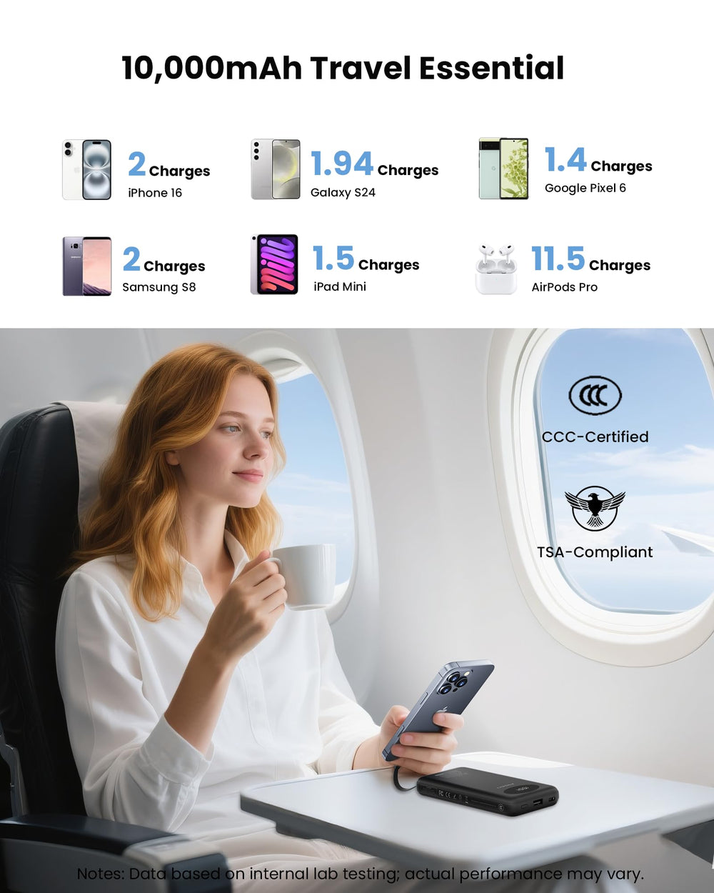 PISEN compact travel-size power bank fitting in a bag pocket.