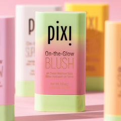 Pixi On-the-Glow Blush Stick Cheektone application demonstrates easy fingertip blending.