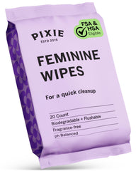 Pixie Cup on-the-go feminine wipes for quick, gentle cleansing.