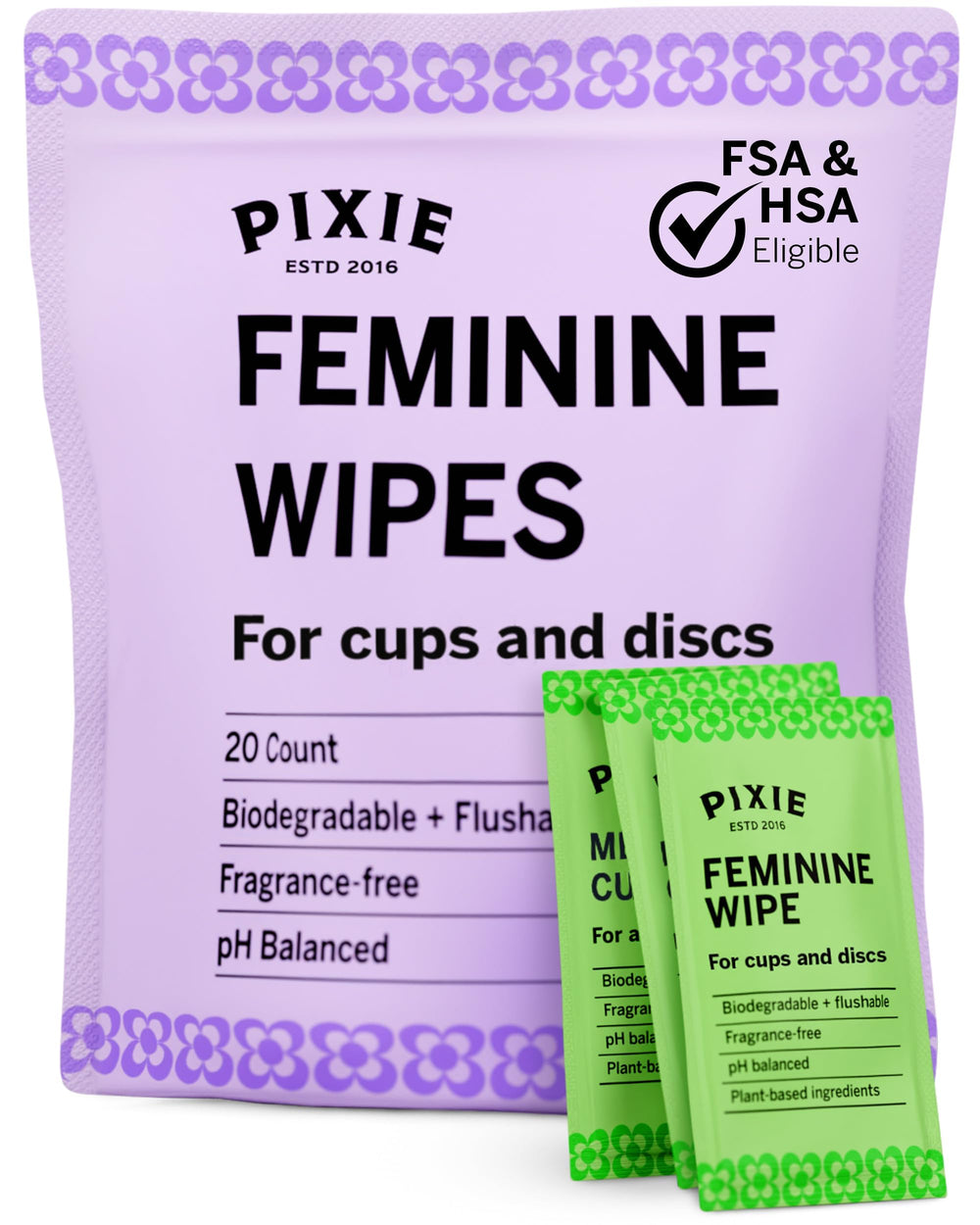 Pixie Cup feminine wipes packaging shown for easy on-the-go cleansing