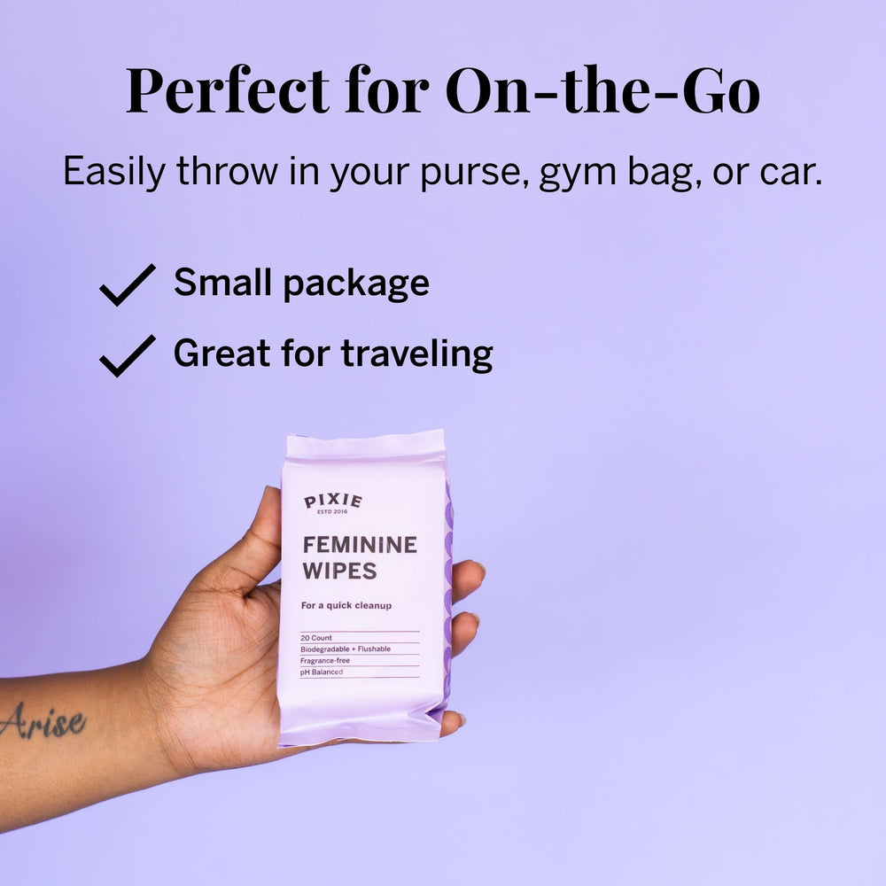 Pixie Cup pH-balanced wipes for comfortable intimate care.