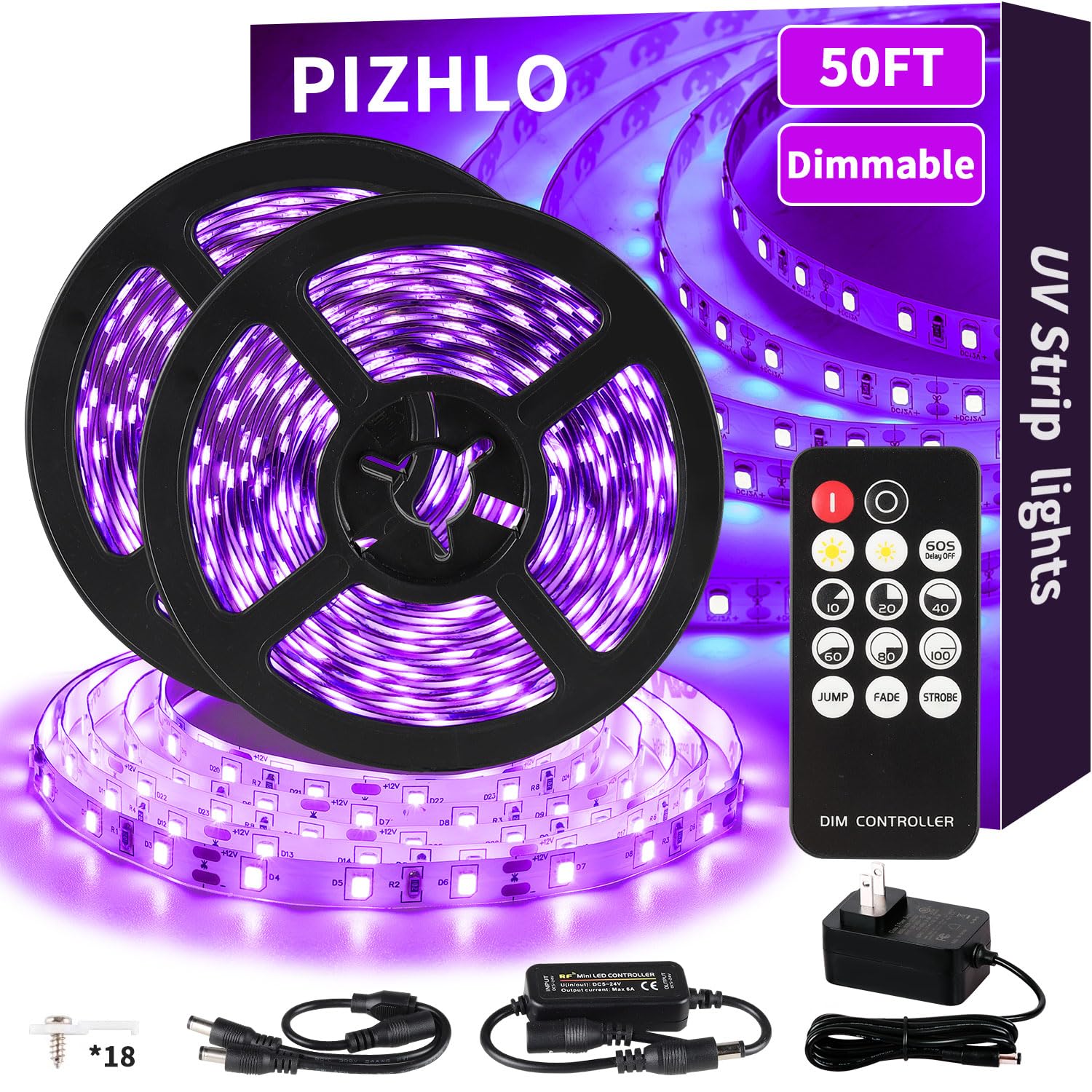 PIZHLO 50ft blacklight strip with remote control for flexible ambient lighting.