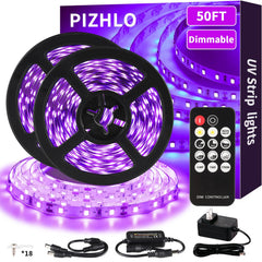 PIZHLO 50ft blacklight strip with remote control for flexible ambient lighting.