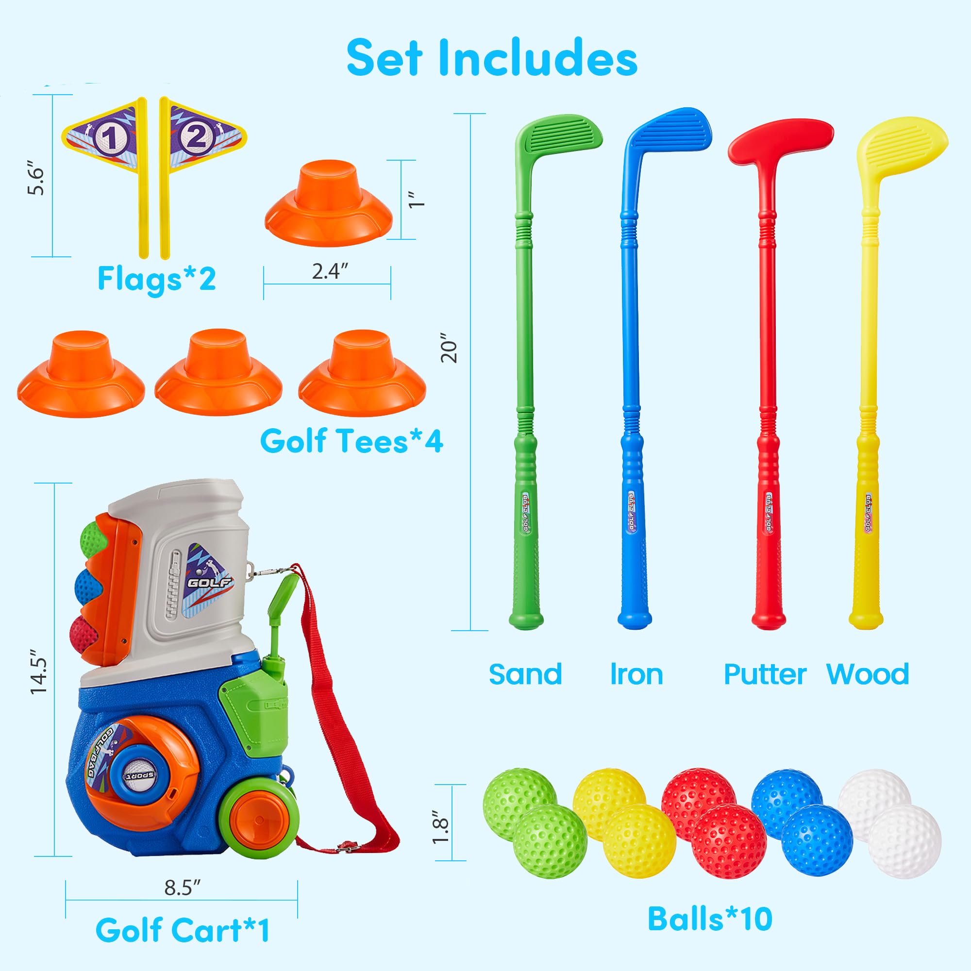 PJG Toddler Golf Set tees and strap simplify storage and transport.