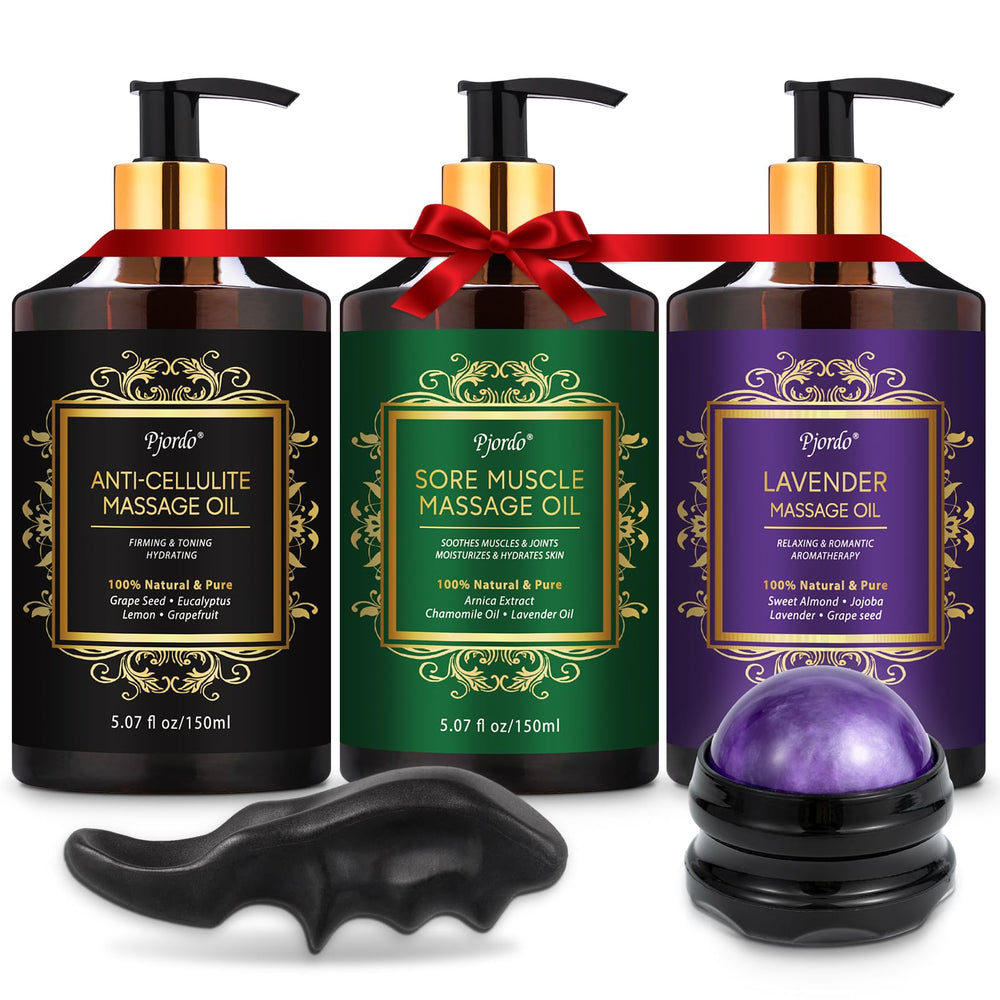 Pjordo 3-pack massage oil bottles for lavender and arnica use in at-home relaxation.