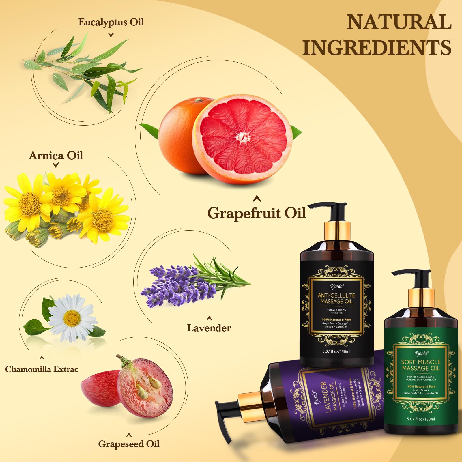 Pjordo anti-cellulite oil bottle on hips and thighs promotes circulation and tone.