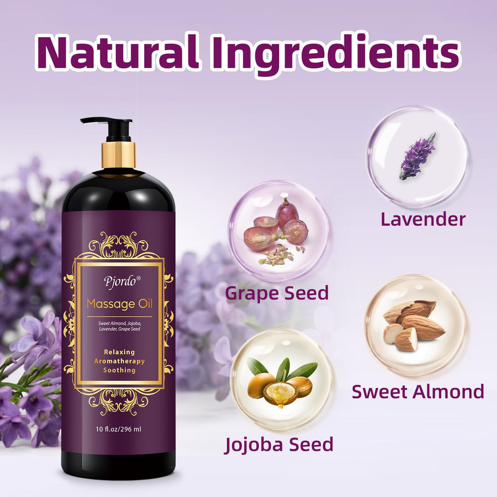 Pjordo lavender massage oil pour demonstrates smooth, non-greasy application for massage.